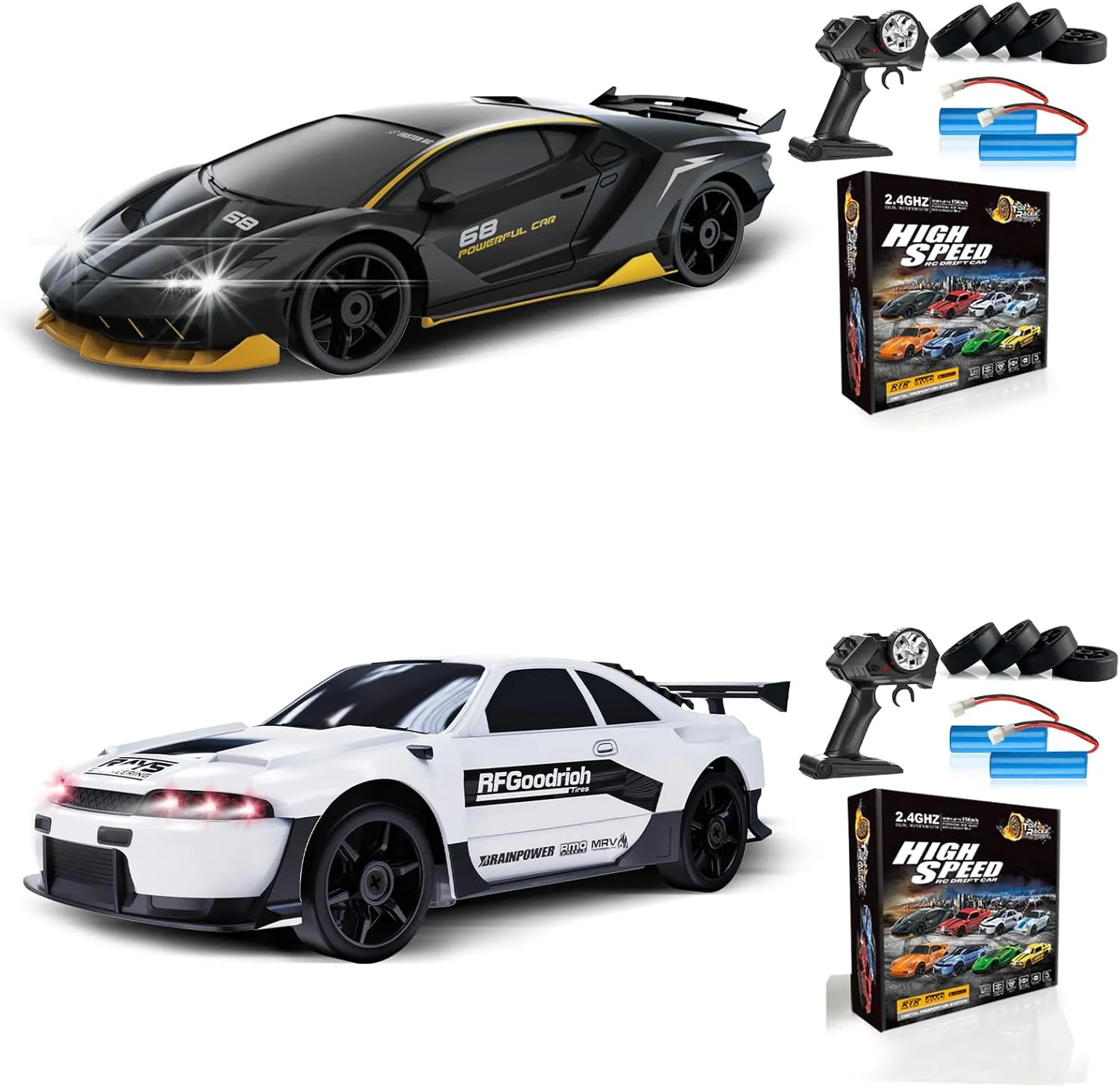 2PCS RC Drift Car 1:24 4WD 15KM/H High Speed Racing Sport Car with LED Lights & Drifting Tires, 2 Rechargeable Batteries, Perfect for Kids & Adults