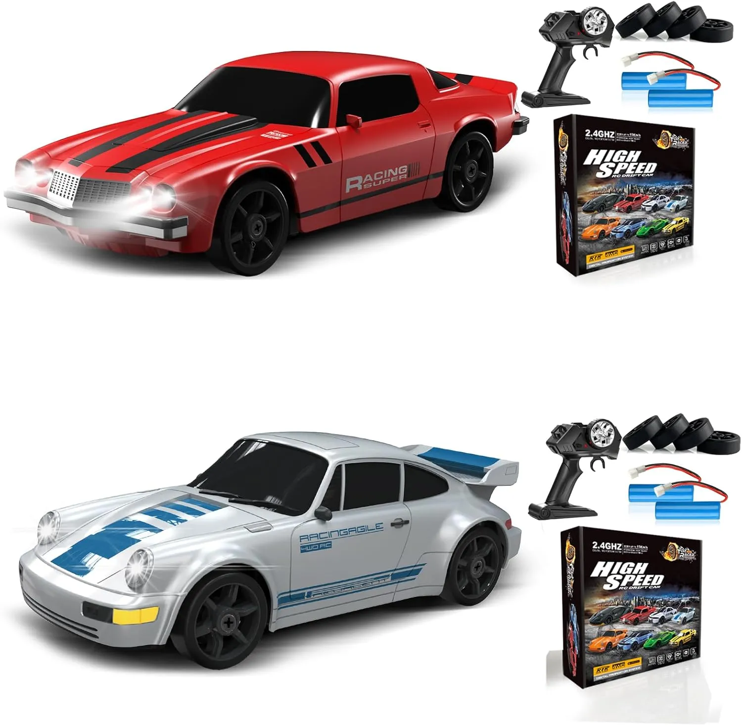 2PCS Remote Control Car RC Drift Car 2.4GHz 1:24 4WD 15KM/H High Speed Racing Sport Car with LED Lights Drifting Tire Racing Sport Toy for Adults Boys Girls Kids Gift 2Pcs Rechargeable Batteries