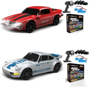 2PCS Remote Control Car RC Drift Car 2.4GHz 1:24 4WD 15KM/H High Speed Racing Sport Car with LED Lights Drifting Tire Racing Sport Toy for Adults Boys Girls Kids Gift 2Pcs Rechargeable Batteries