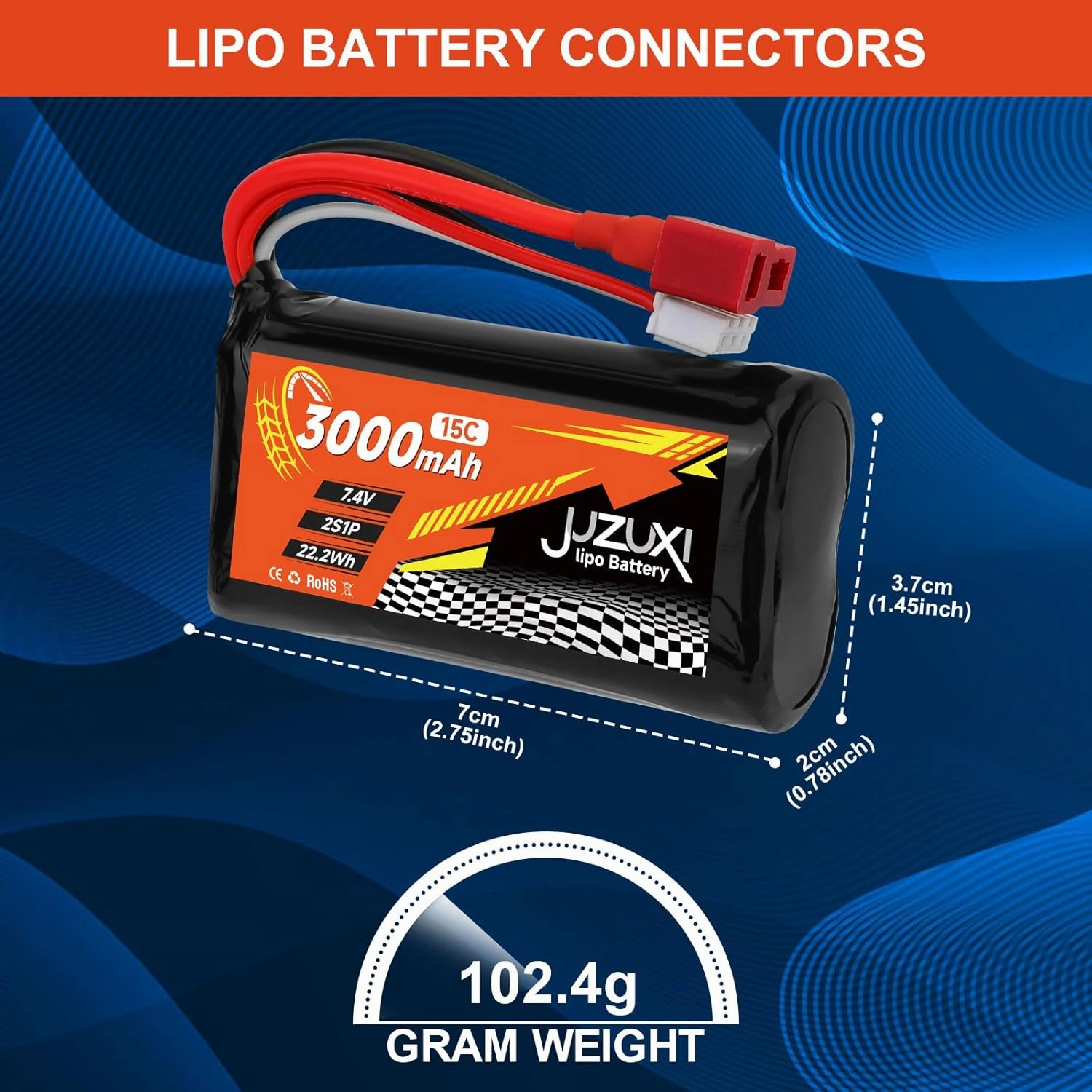 2Pcs 7.4V Li-ion Battery 3000mAh 2S 15C Rechargeable Batteries with XH & T-Plug Connector and 2Pcs Chargers Compatible with WLtoys 12423 MJX 14301 14302 14303 H16PL RC Cars Truck Boat