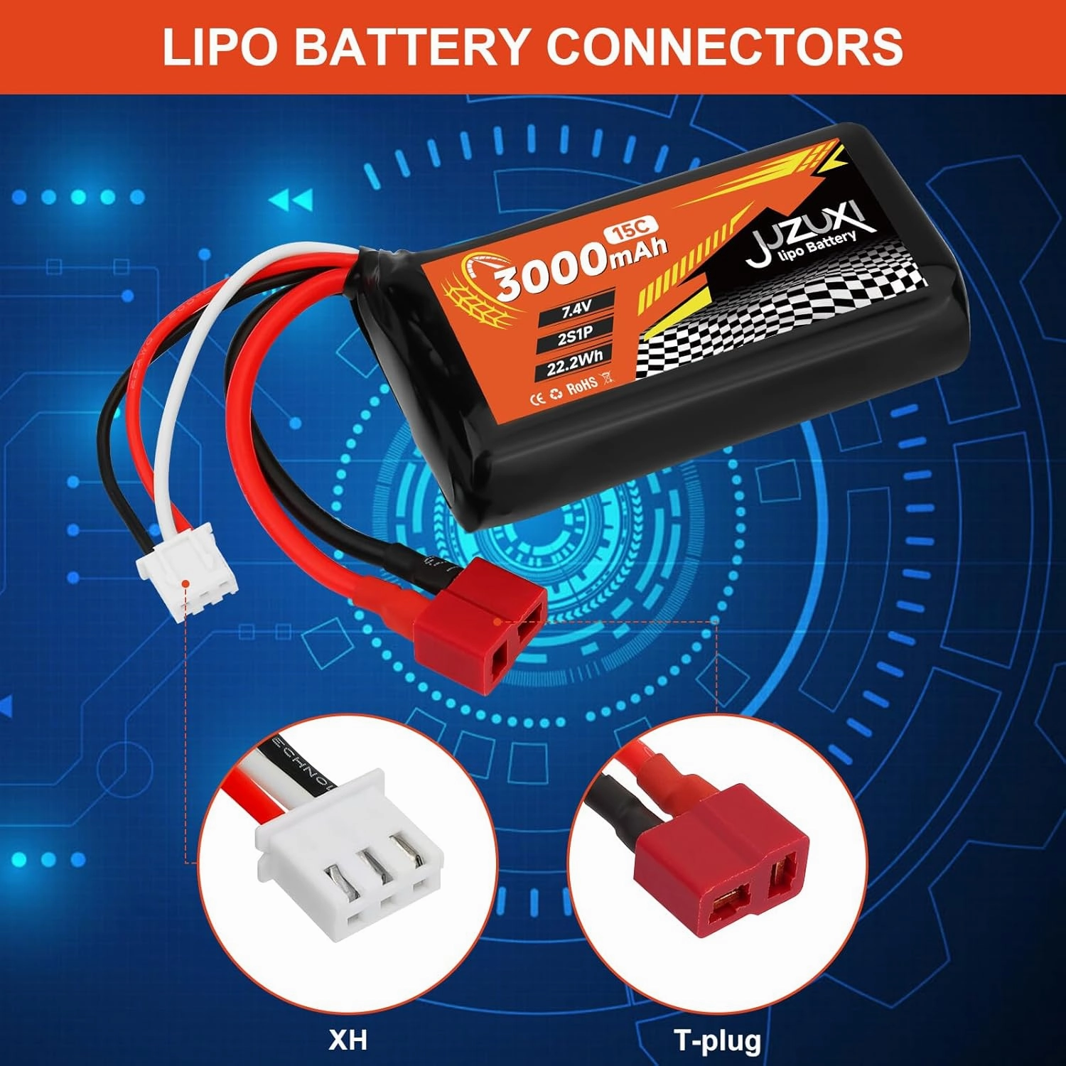 2Pcs 7.4V Li-ion Battery 3000mAh 2S 15C Rechargeable Batteries with XH & T-Plug Connector and 2Pcs Chargers Compatible with WLtoys 12423 MJX 14301 14302 14303 H16PL RC Cars Truck Boat