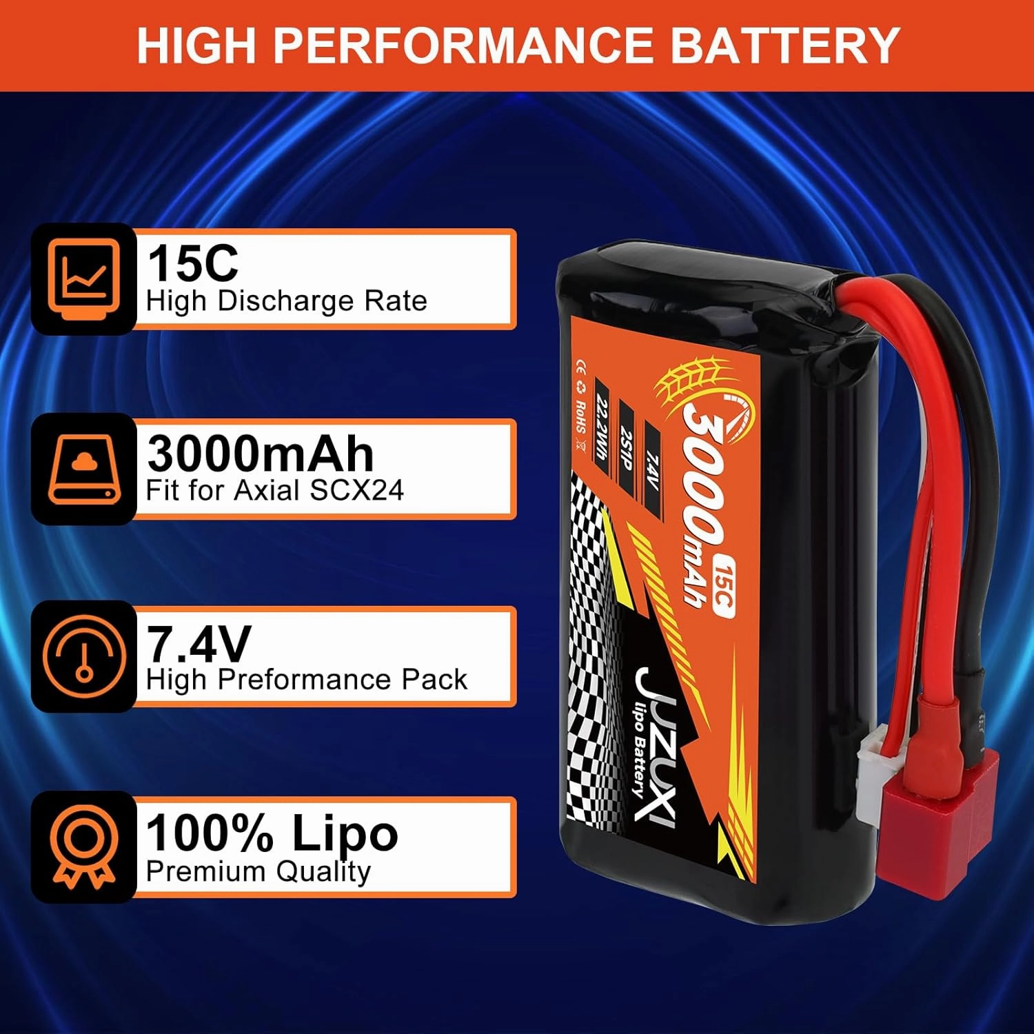 2Pcs 7.4V Li-ion Battery 3000mAh 2S 15C Rechargeable Batteries with XH & T-Plug Connector and 2Pcs Chargers Compatible with WLtoys 12423 MJX 14301 14302 14303 H16PL RC Cars Truck Boat