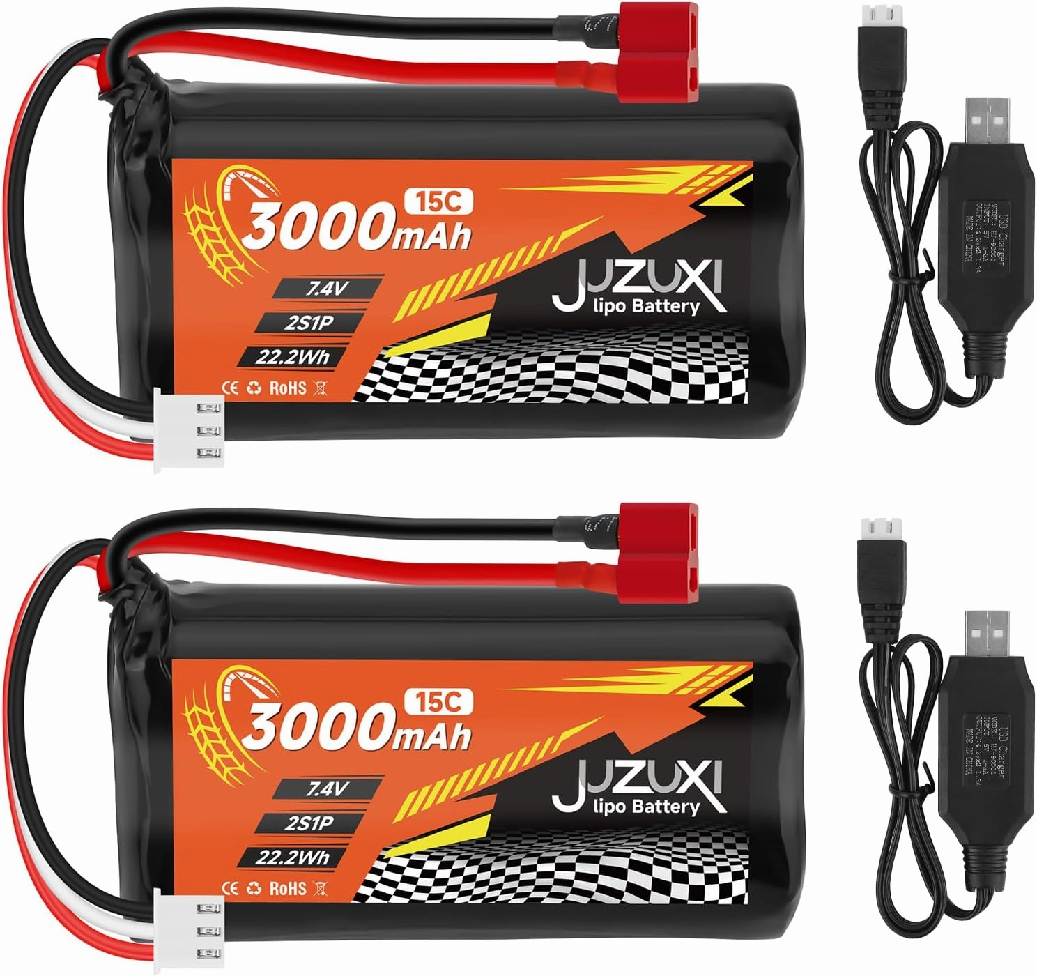 2Pcs 7.4V Li-ion Battery 3000mAh 2S 15C Rechargeable Batteries with XH & T-Plug Connector and 2Pcs Chargers Compatible with WLtoys 12423 MJX 14301 14302 14303 H16PL RC Cars Truck Boat