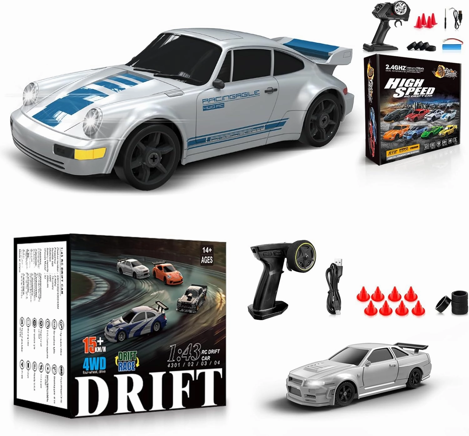 2PCS RC Drift Car, 1:24 Remote Control Car 4WD 15KM/H High Speed Racing Sport Car And 1/43 Scale 2.4GHz Full Proportional Mini RC Remote Control Sports Car for Kids Boys Girls Adults Gifts Birthday Ch