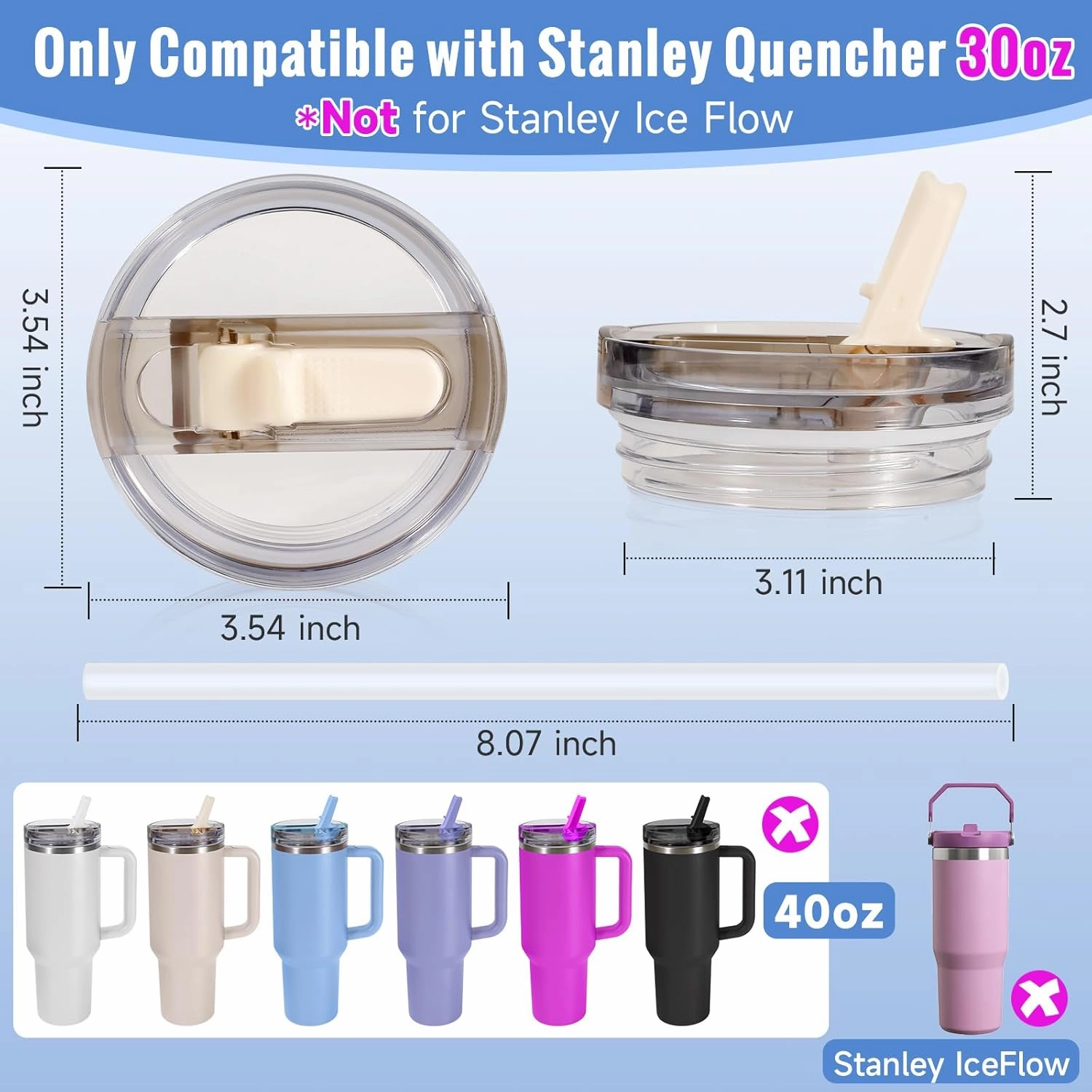 30oz Flip Straw Lid for Stanley Quencher H2.0 Tumbler, 2 Pack Leak Proof Lid Replacement No Spill Cover for Stanley Cup Accessories ProTour (Ash,Ash)