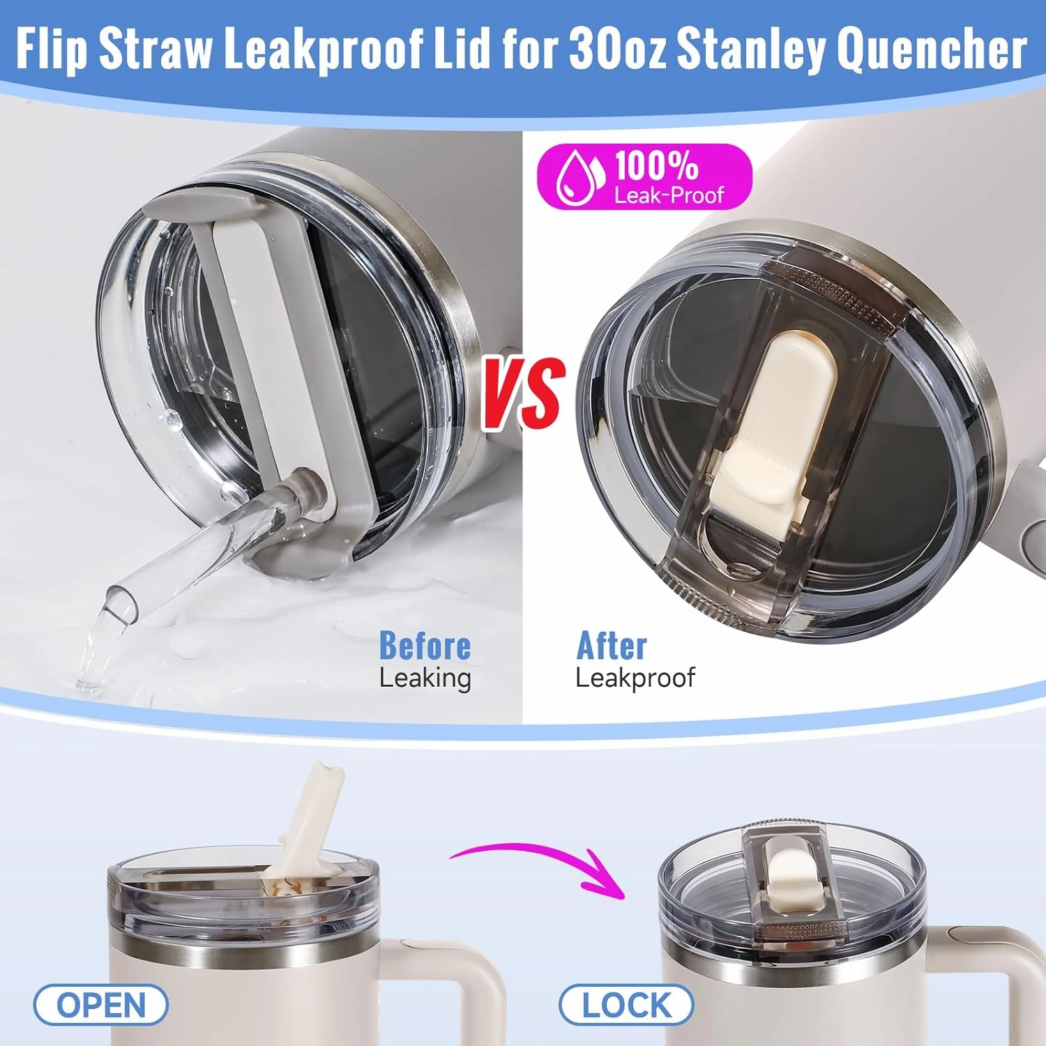 30oz Flip Straw Lid for Stanley Quencher H2.0 Tumbler, 2 Pack Leak Proof Lid Replacement No Spill Cover for Stanley Cup Accessories ProTour (Ash,Ash)