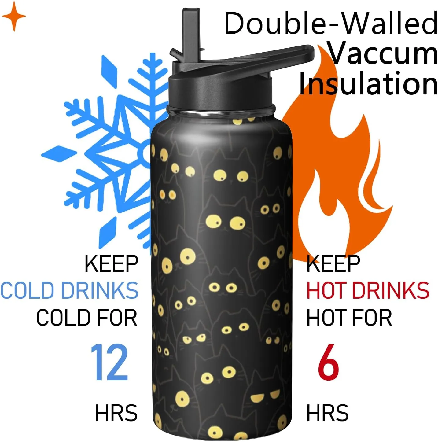 32oz Cat Water Bottle with Handle and Flip Straw, Animal Sports Stainless Steel Insulated Cup Travel Coffee Mug Tumbler, Birthday Mothers Day Chritmas Gifts for Women