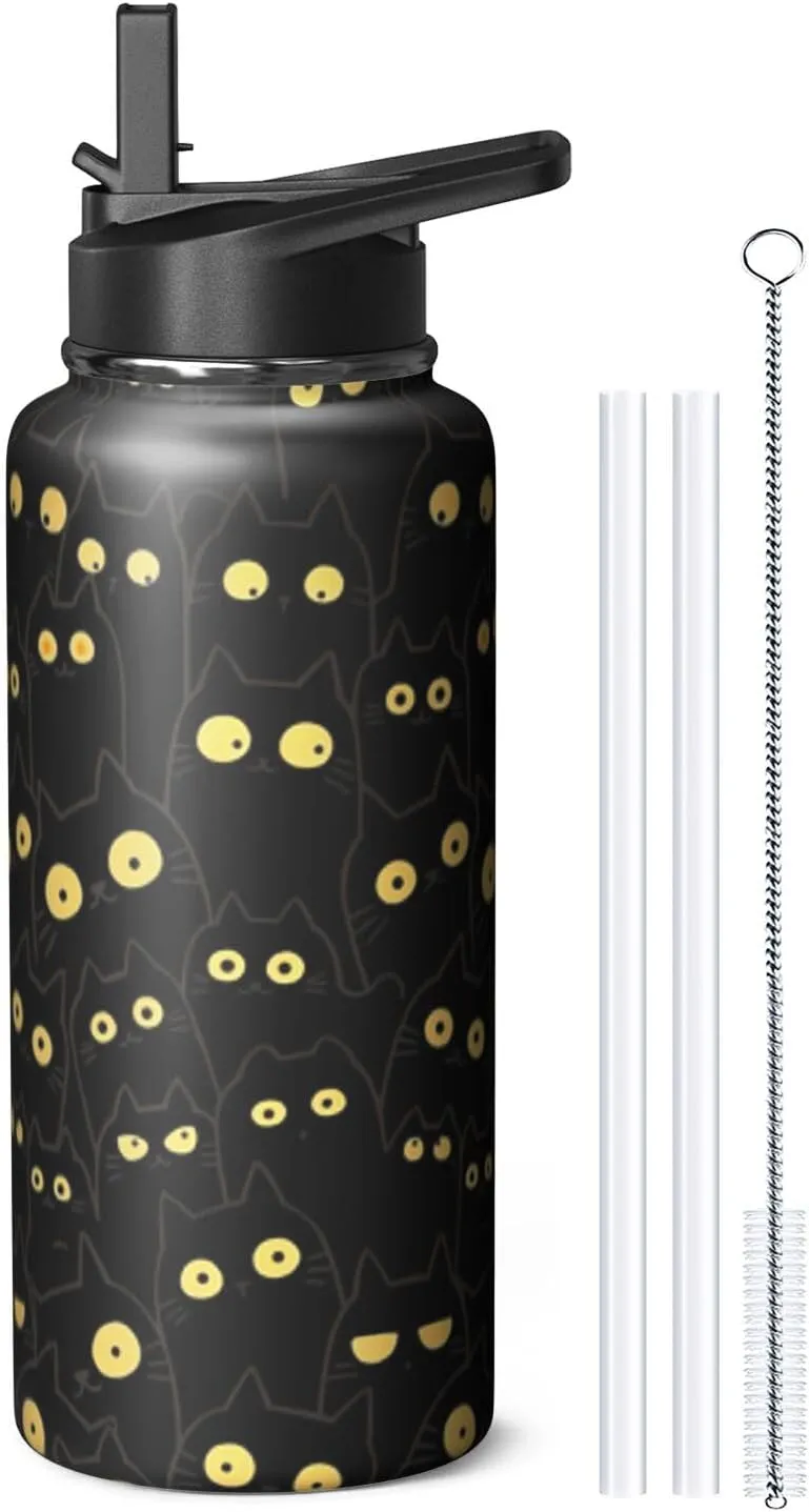 32oz Cat Water Bottle with Handle and Flip Straw, Animal Sports Stainless Steel Insulated Cup Travel Coffee Mug Tumbler, Birthday Mothers Day Chritmas Gifts for Women