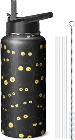32oz Cat Water Bottle with Handle and Flip Straw, Animal Sports Stainless Steel Insulated Cup Travel Coffee Mug Tumbler, Birthday Mothers Day Chritmas Gifts for Women