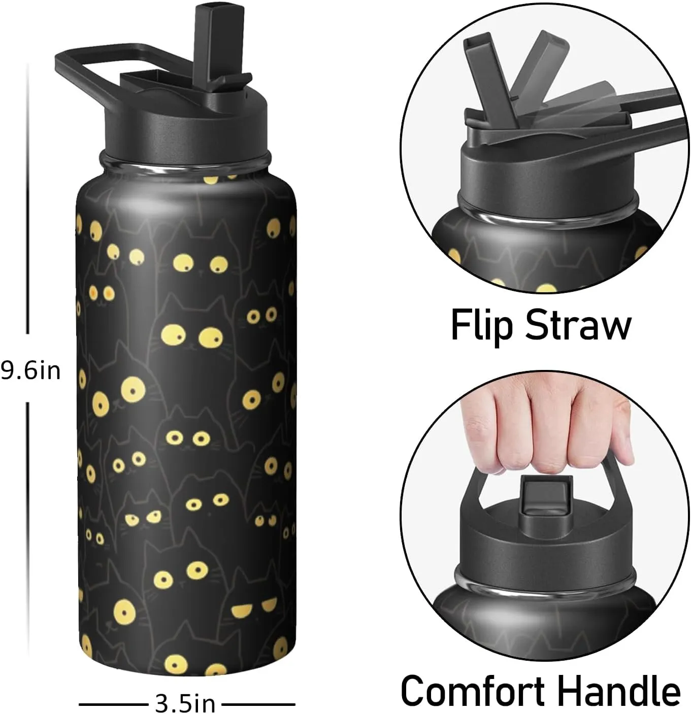 32oz Cat Water Bottle with Handle and Flip Straw, Animal Sports Stainless Steel Insulated Cup Travel Coffee Mug Tumbler, Birthday Mothers Day Chritmas Gifts for Women