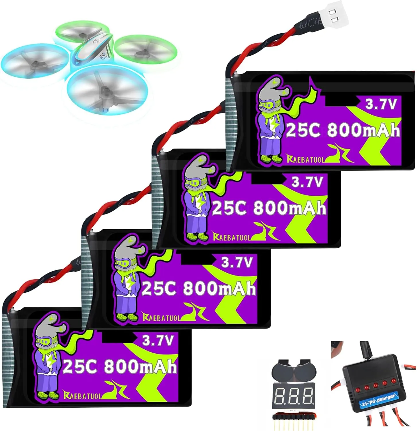3.7V 800mAh 25C Molex/XH2.54 Plug 802540 Rechargeable LiPo Batteries,Fit for Q9S Drones Force1 UFO Syma X5 X5SW X5C X5C1 Hengqi 905 Cheerson CX-30 BEZGAR HQ053/HQ051 RC Quadcopter with 5 in 1 Charger