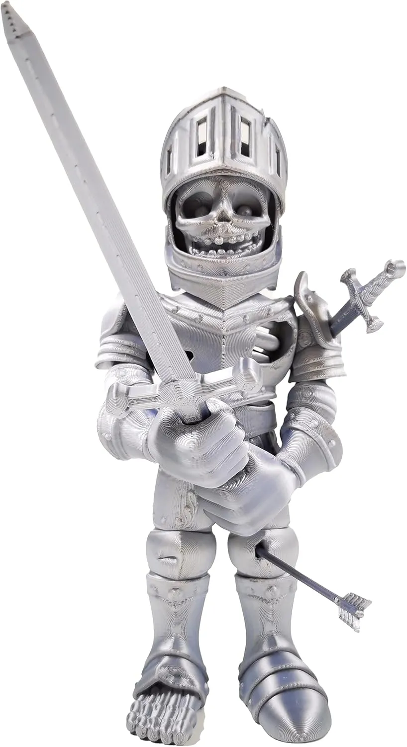 3D Printed Skeleton Knight, Articulated Skeleton Knight, Flexible Skeleton Figure with Removable Accessories, 3D Printed Fidget Toy Novelty Skeleton Halloween Decor (Silver)