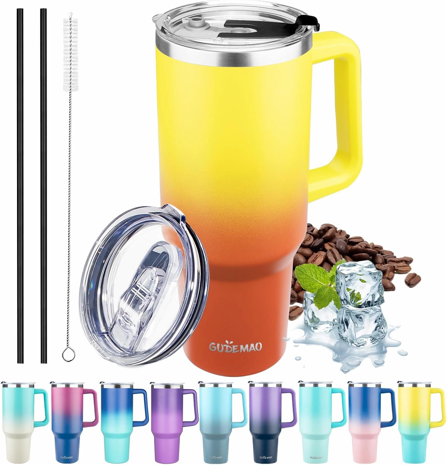 40 oz Tumbler with Handle, Insulated Tumbler with Lid and Straw, Reusable Stainless Steel Vacuum Insulated Cup, 100% Leak Proof Thermal Travel Coffee Mug Cup for Cold and Hot (Gold Orange)