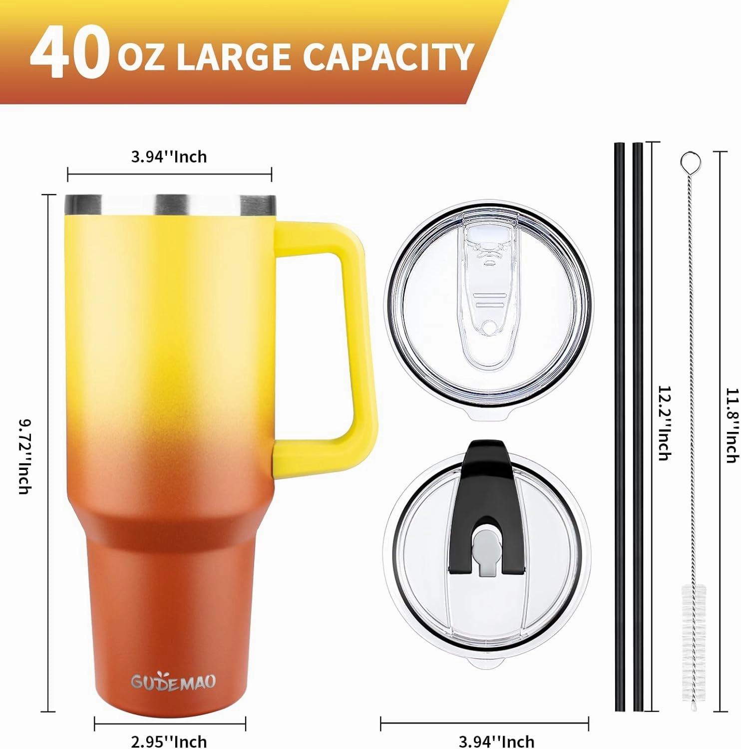 40 oz Tumbler with Handle, Insulated Tumbler with Lid and Straw, Reusable Stainless Steel Vacuum Insulated Cup, 100% Leak Proof Thermal Travel Coffee Mug Cup for Cold and Hot (Gold Orange)