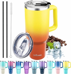 40 oz Tumbler with Handle, Insulated Tumbler with Lid and Straw, Reusable Stainless Steel Vacuum Insulated Cup, 100% Leak Proof Thermal Travel Coffee Mug Cup for Cold and Hot (Gold Orange)