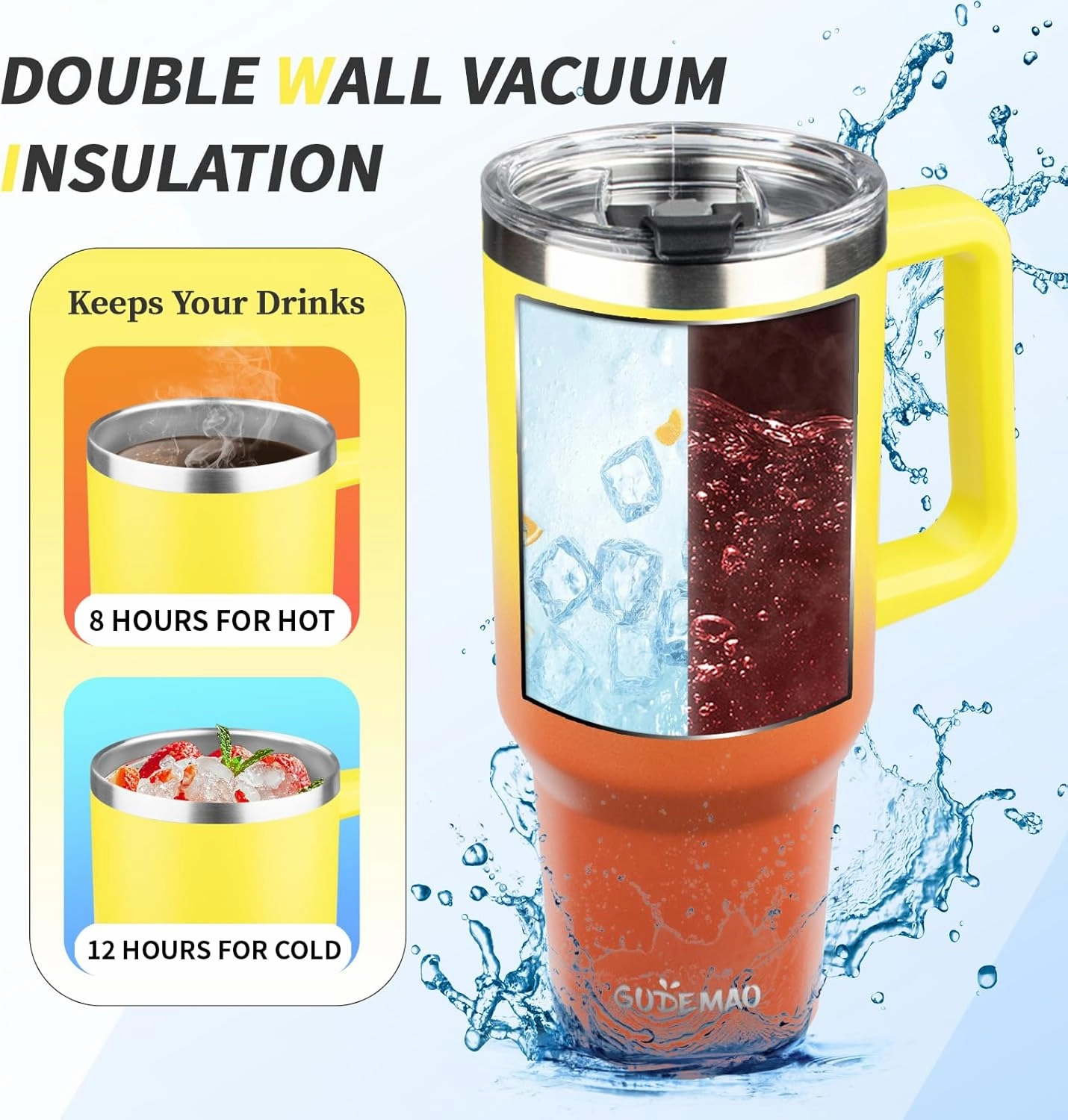 40 oz Tumbler with Handle, Insulated Tumbler with Lid and Straw, Reusable Stainless Steel Vacuum Insulated Cup, 100% Leak Proof Thermal Travel Coffee Mug Cup for Cold and Hot (Gold Orange)