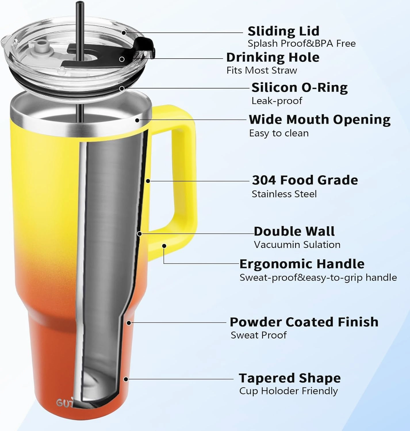 40 oz Tumbler with Handle, Insulated Tumbler with Lid and Straw, Reusable Stainless Steel Vacuum Insulated Cup, 100% Leak Proof Thermal Travel Coffee Mug Cup for Cold and Hot (Gold Orange)