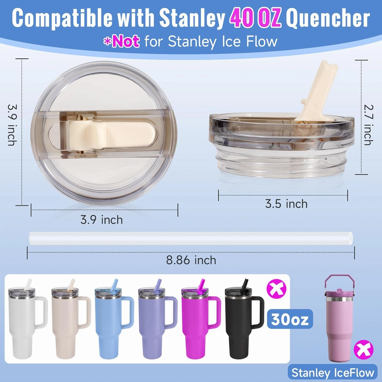 40oz Flip Straw Leak Proof Lid for Stanley Cup Accessories, 2 Pack No Spill Lid Replacement 40 oz Tumbler Detachable Cover Topper for Stanley Protour Lids(Ash,White)