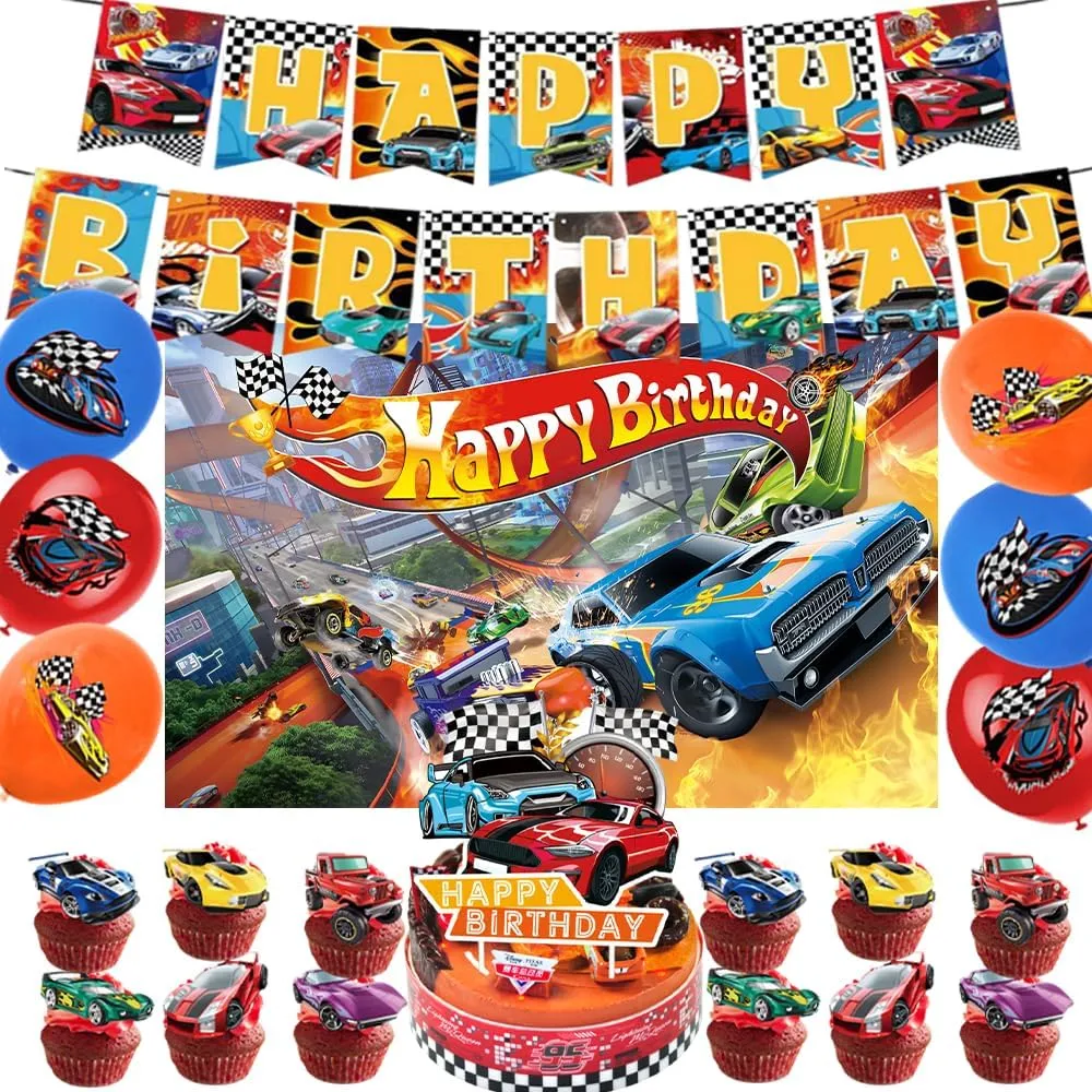 42Pcs Hot Car Birthday Party Supplies Include Racing Car Theme Balloons Banner Backdrop Cupcake Toppers for Boy and Girl Birthday Wheel Party Decorations