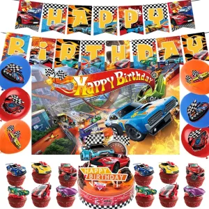 42Pcs Hot Car Birthday Party Supplies Include Racing Car Theme Balloons Banner Backdrop Cupcake Toppers for Boy and Girl Birthday Wheel Party Decorations