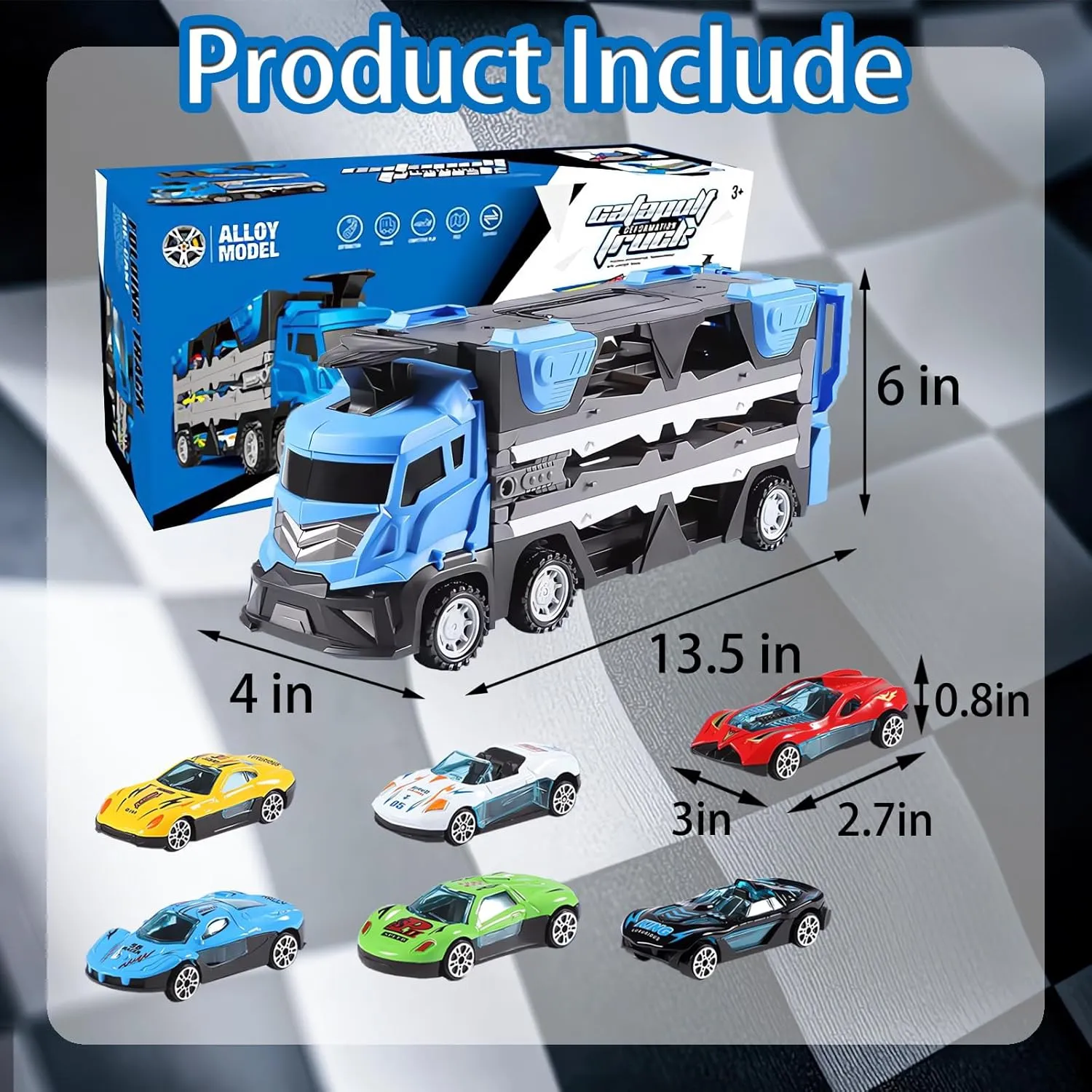 47 Inches Race Track for Ages 3,4,5 Year Old Kids Birthday Gifts Foldable Ejection Race Track Toy Cars for Toddlers 3-4 Years Car Toys Set with 1 Truck&6 Race Cars (Blue)