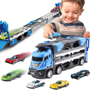 47 Inches Race Track for Ages 3,4,5 Year Old Kids Birthday Gifts Foldable Ejection Race Track Toy Cars for Toddlers 3-4 Years Car Toys Set with 1 Truck&6 Race Cars (Blue)