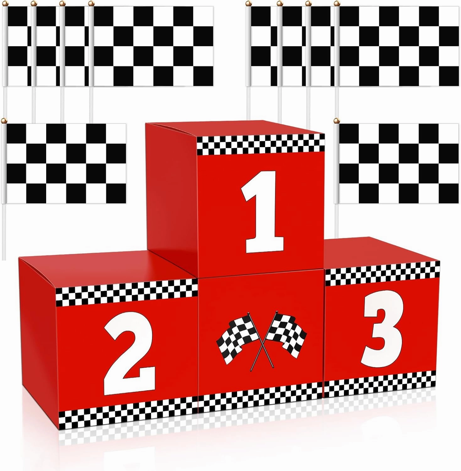 4 10Pcs Racing Car Party Boxes, Race Car Themed Birthday Party Decorations, 4 Racing Party Boxes and 10 Racing Style Checkered Flags for Cars Party Decorations(11.8 x 11.8 x 11.8in)