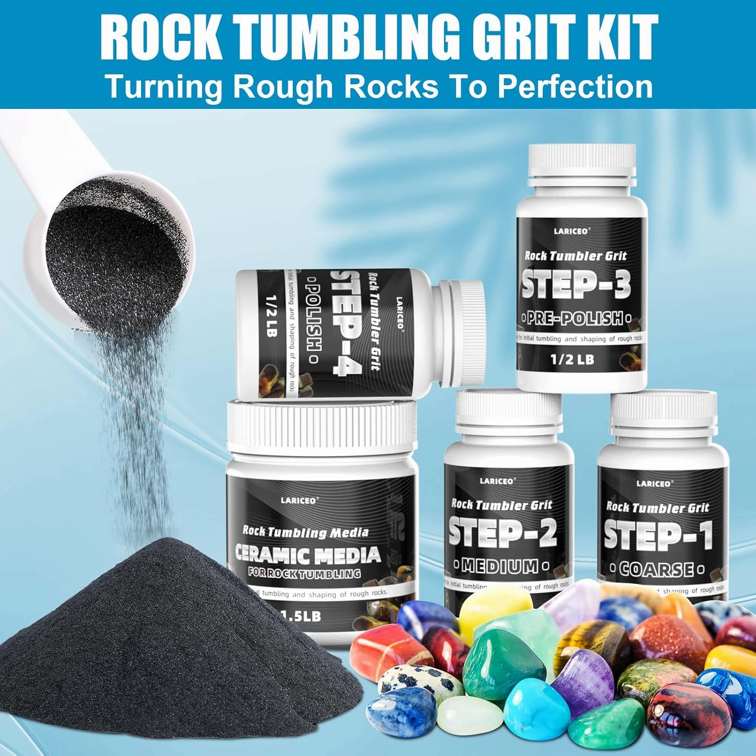 4.5LB Rock Tumbler Grit and Polish Refill Set, 4-Step Professional Polish Rock Tumbler Grit to Unlock Stunning Polished Stones. Ideal for National Geographic, KomeStone, and Other Polishers & Tumblers