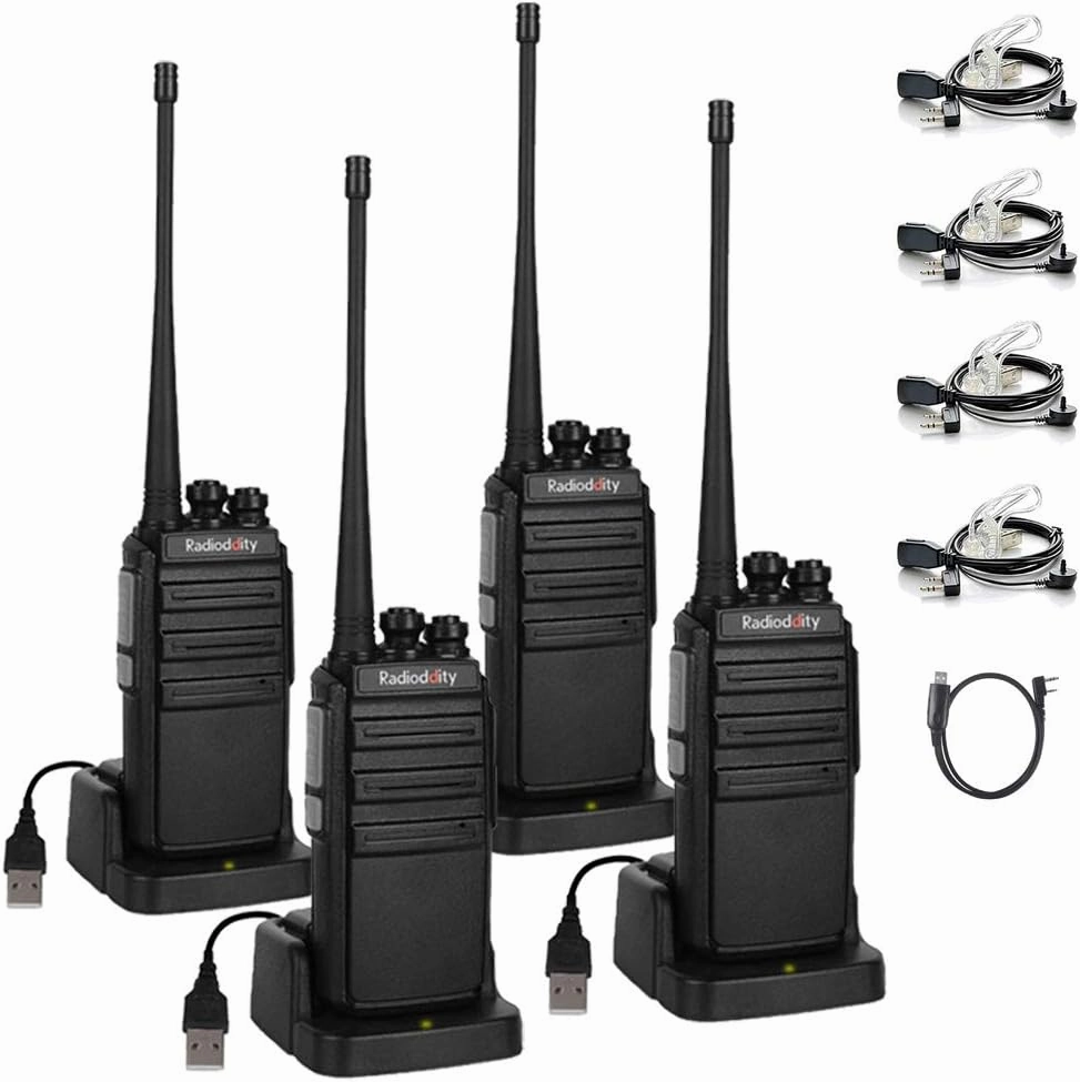 4 Pack Radioddity GA-2S Long Range Walkie Talkies for Adults UHF Two Way Radio Rechargeable with Micro USB Charging   USB Desktop Charger   Air Acoustic Earpiece with Mic, for School Retail Business