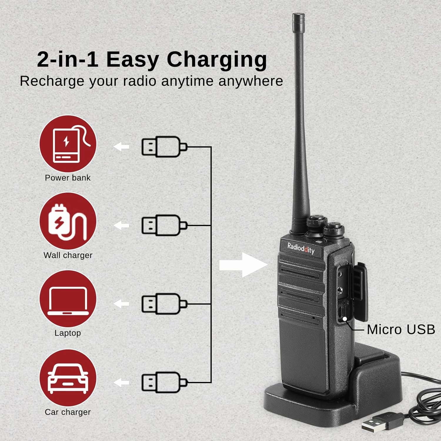 4 Pack Radioddity GA-2S Long Range Walkie Talkies for Adults UHF Two Way Radio Rechargeable with Micro USB Charging   USB Desktop Charger   Air Acoustic Earpiece with Mic, for School Retail Business