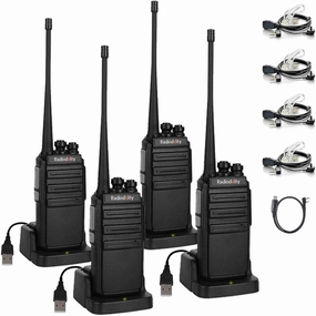 4 Pack Radioddity GA-2S Long Range Walkie Talkies for Adults UHF Two Way Radio Rechargeable with Micro USB Charging   USB Desktop Charger   Air Acoustic Earpiece with Mic, for School Retail Business
