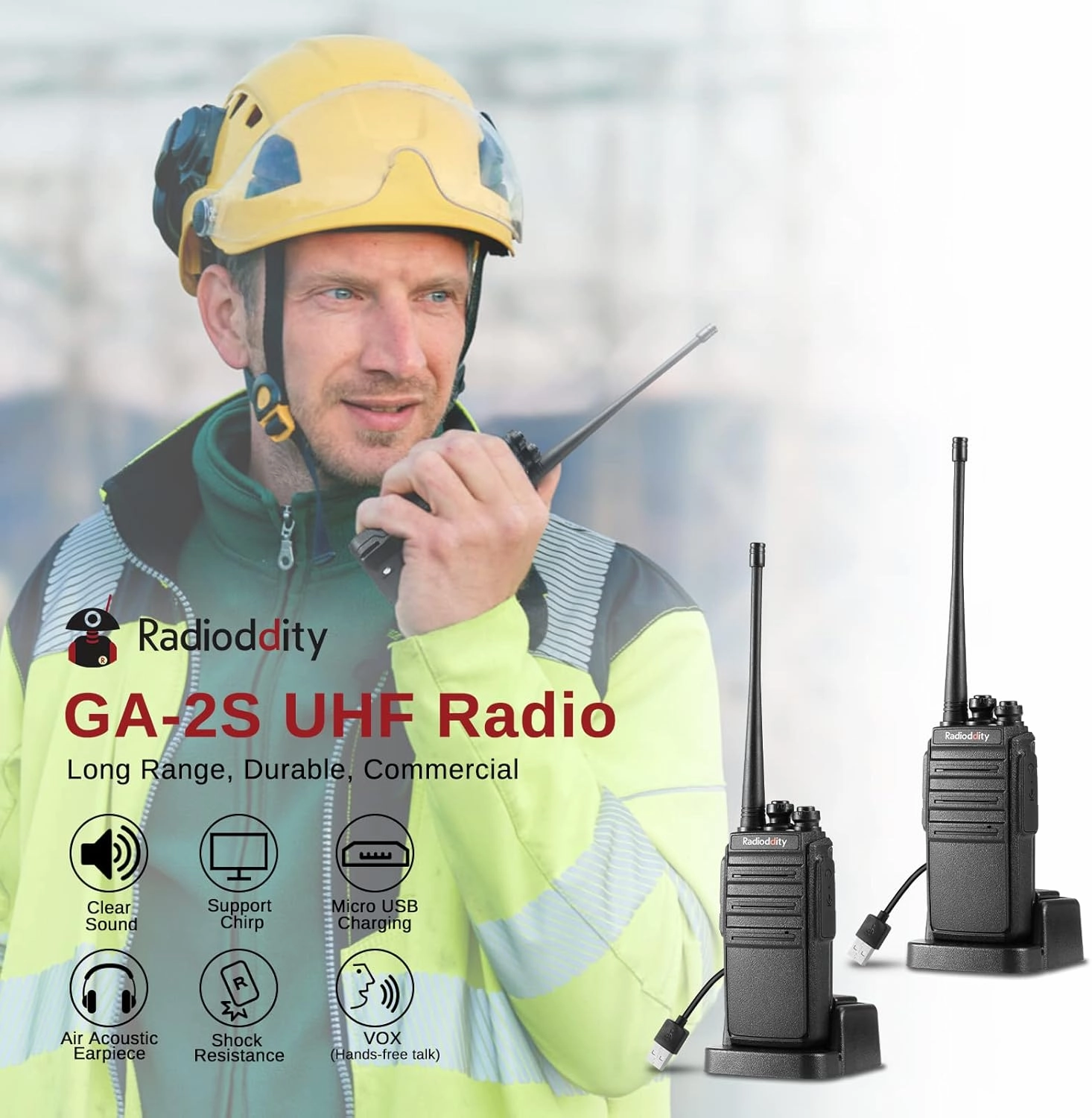 4 Pack Radioddity GA-2S Long Range Walkie Talkies for Adults UHF Two Way Radio Rechargeable with Micro USB Charging   USB Desktop Charger   Air Acoustic Earpiece with Mic, for School Retail Business