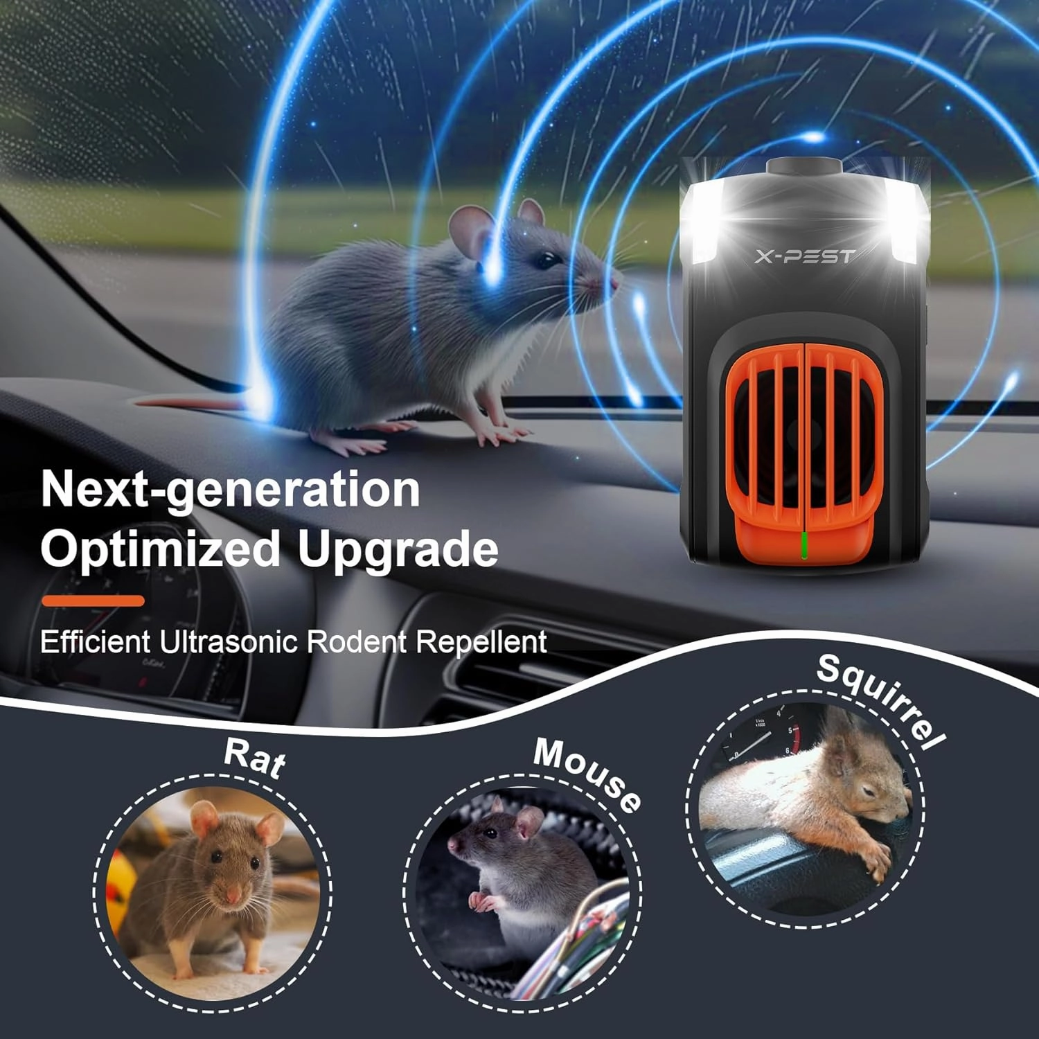 4 Packs Rodent Repellent for Car Engines, Rodent Repellent Ultrasonic Under Hood Animal Repeller Battery Powered Indoor, Mouse Repellent with Ultrasonic Wave and LED Flashlight, Rats Mice Squirrels