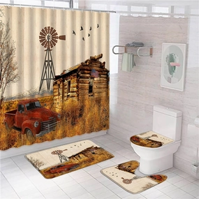 4Pcs Antique Car Farm Truck Shower Curtain Set Vintage American Classic Old Truck Car Farmhouse Windmill Mountain Bird Rustic Wooden Decor Bathroom Toilet Lid Cover Non-Slip Rugs 12 Hooks