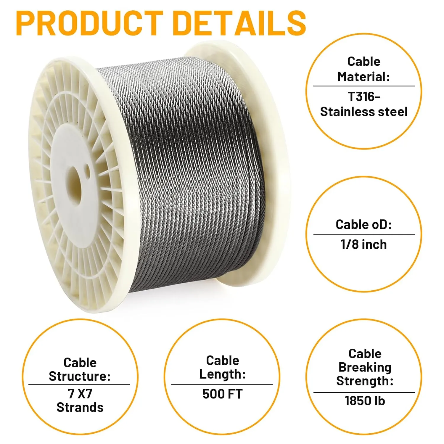 500FT 1/8" Stainless Steel Wire Rope with Cutter, T316 Cable for Deck Railing Kit, 1850 lb Breaking Strength, 7x7 Strands Aircraft Cable for Stair Fence, Silver