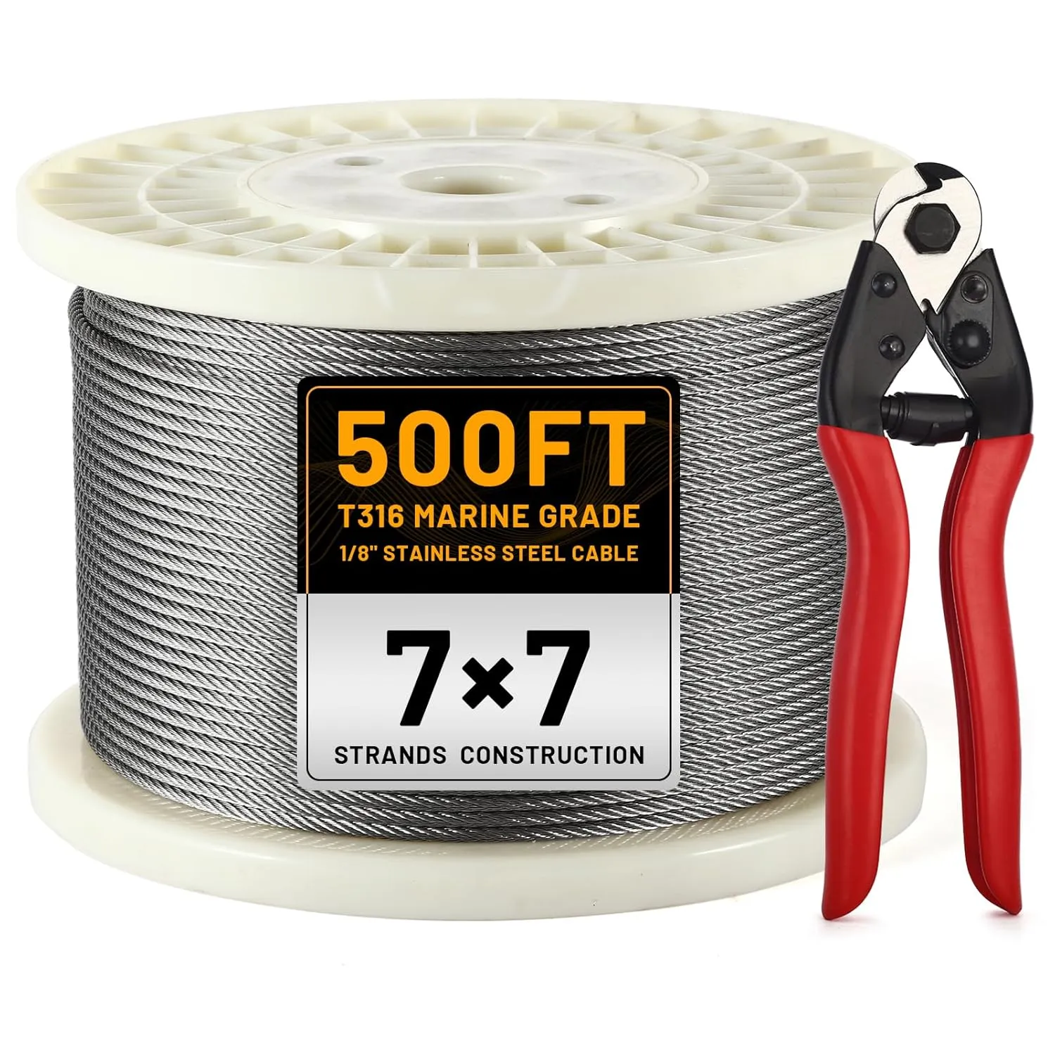 500FT 1/8" Stainless Steel Wire Rope with Cutter, T316 Cable for Deck Railing Kit, 1850 lb Breaking Strength, 7x7 Strands Aircraft Cable for Stair Fence, Silver