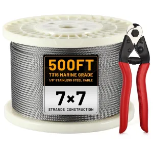 500FT 1/8" Stainless Steel Wire Rope with Cutter, T316 Cable for Deck Railing Kit, 1850 lb Breaking Strength, 7x7 Strands Aircraft Cable for Stair Fence, Silver