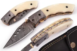 5079B Custom Damascus Steel Folding Pocket Knife Cool Camping Knife Unique Damascus Blade Pattern 5079B (White)