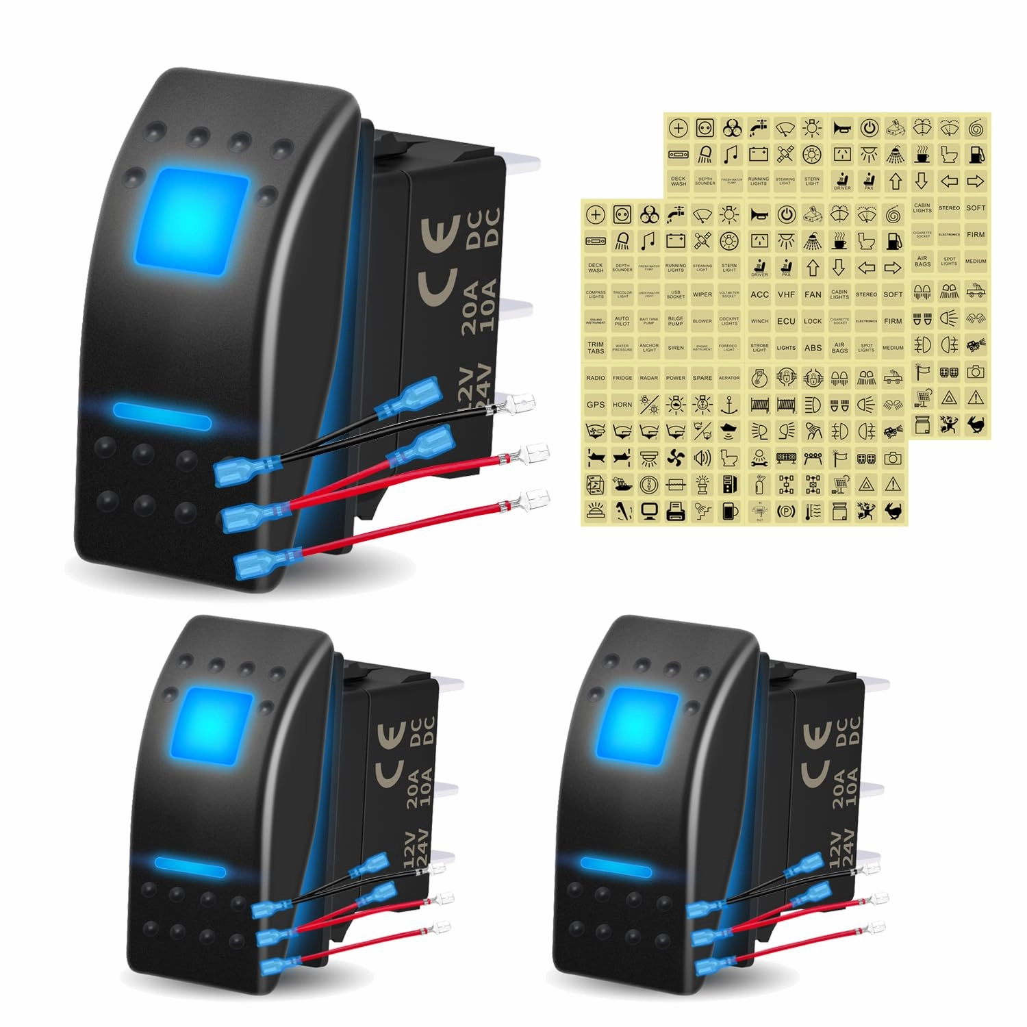 5P ON-Off SPST Rocker Toggle Switch 12V/24V with Stickers and Jumper Wire for Marine Boat Car Trucks RVS Auto Moto (3PCS 5P ON-Off Blue)