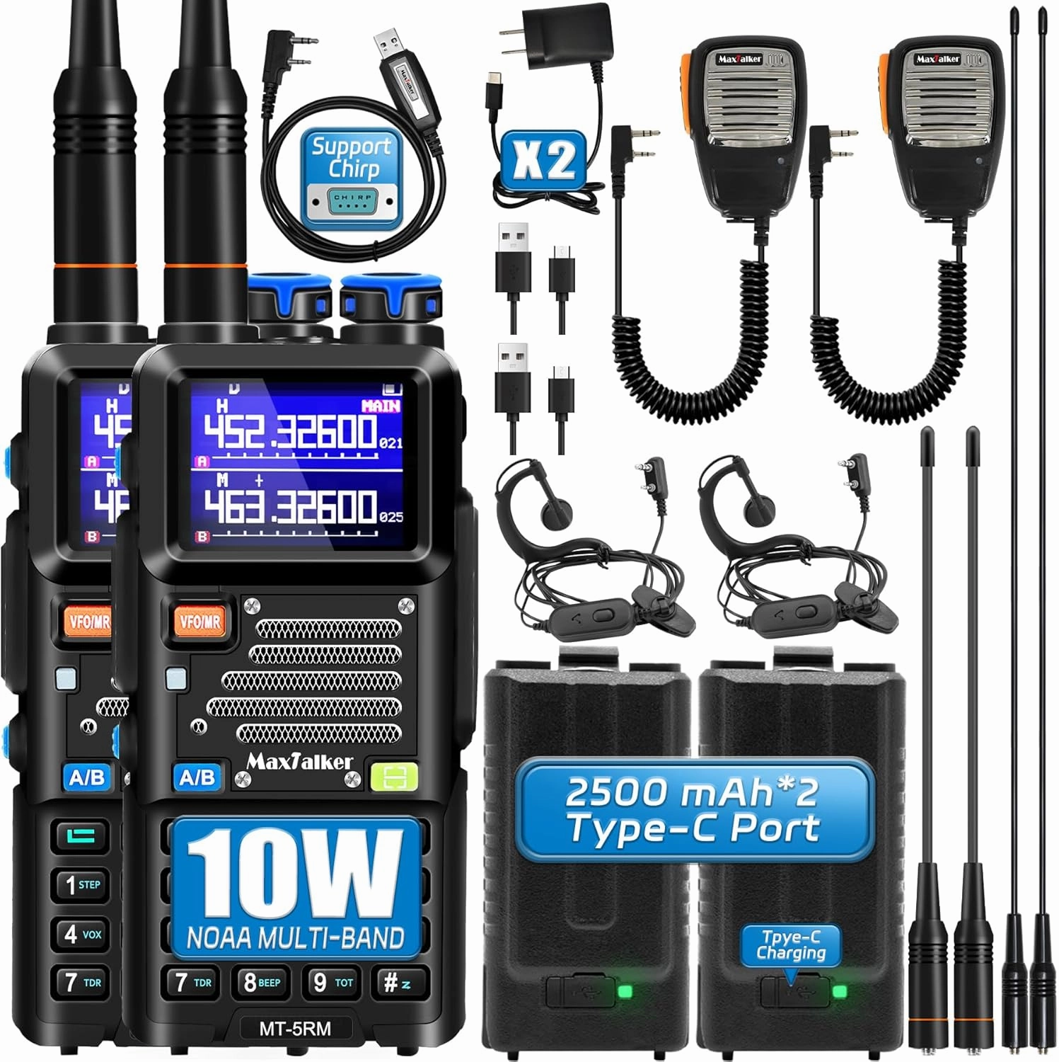 5RM 10W Ham Radio, Long Range Handheld Two-Way Radio with NOAA Weather Receiver, USB-C Rechargeable 2500mAh Batteries, Programming Cable & Speaker Mic (2 Pack)