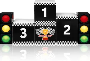 6 Pcs Large Racing Party boxes set, 4 pcs 11.8" Race Car Podium and 2 pieces 17.3" Traffic Light, Car Themed Goodie Checkered Boxes Racing Birthday Party Centerpiece Decoration Favors
