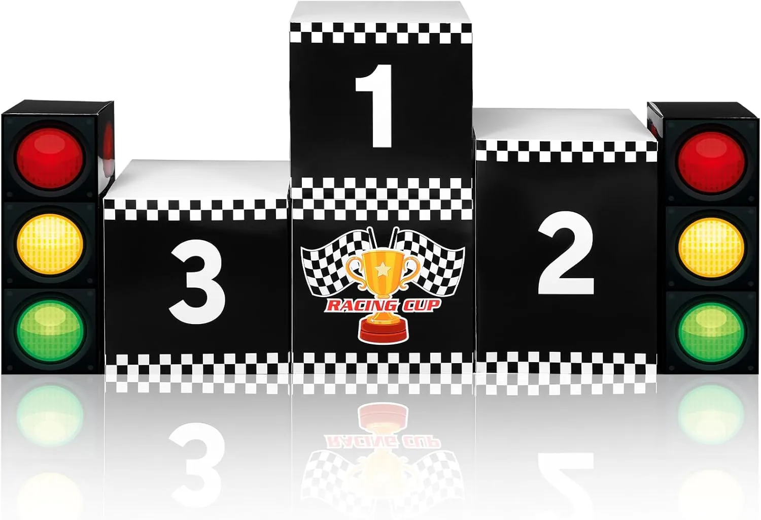 6 Pcs Large Racing Party boxes set, 4 pcs 11.8" Race Car Podium and 2 pieces 17.3" Traffic Light, Car Themed Goodie Checkered Boxes Racing Birthday Party Centerpiece Decoration Favors