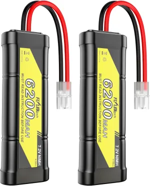 7.2V 6200mAh NIMH Battery for RC Cars, 6-Cell Flat Rechargeable Battery Pack, Replacement Hobby Battery with Tamiya Connector for Car Truck Truggy Buggy Tank Airplane Helicopter Boat Racing (2 Pack)