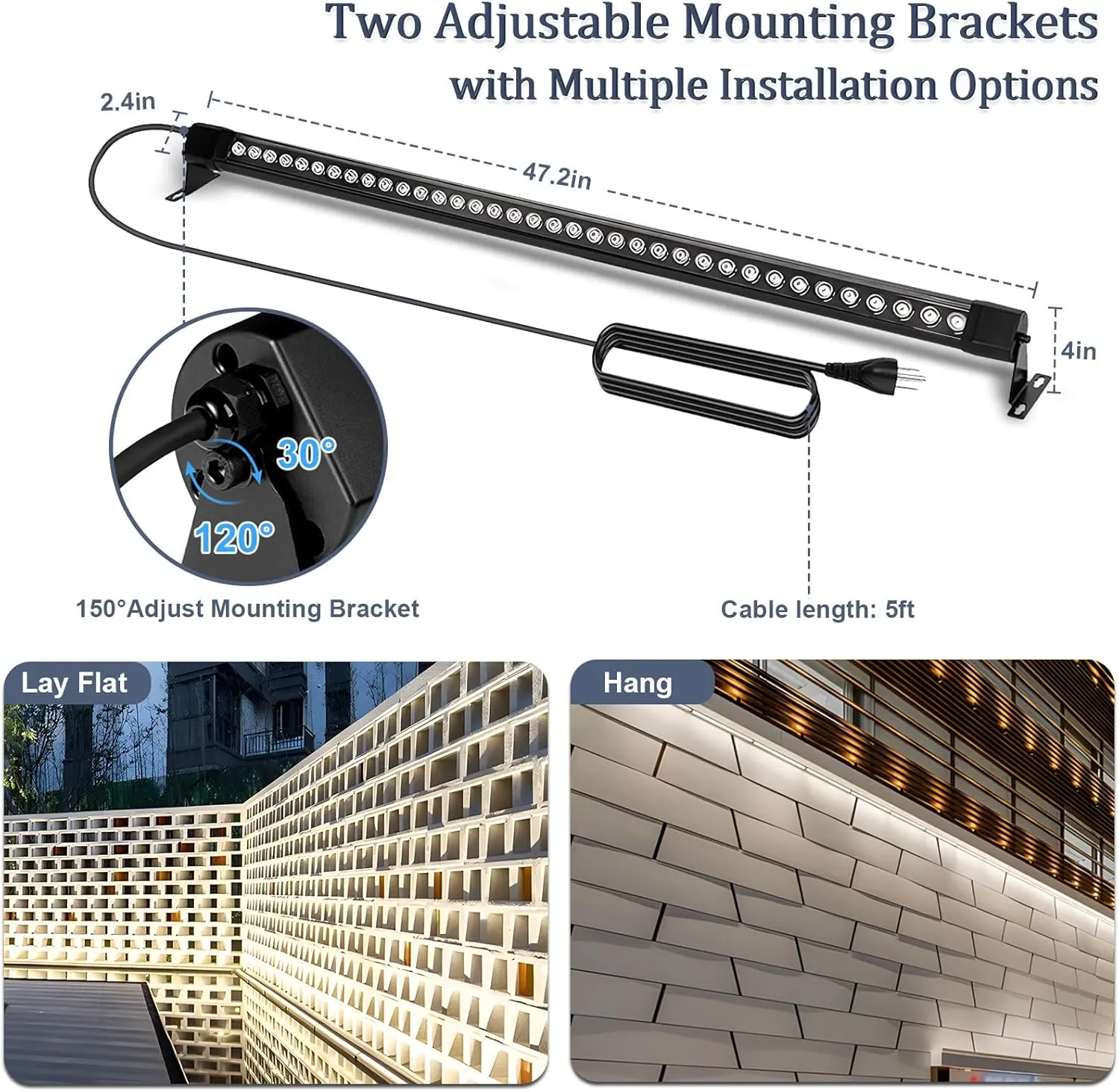 72W LED Wall Washer Light Bar, 4FT 5000K Daylight Cool White Wall Washer Lights, 3850lm IP67 Waterproof Outdoor Led Light Bar for Building Landscape Garden Commercial, Plug in, 2 Pack