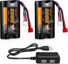 7.4V Li-ion Battery 3300mAh High Capacity RC Battery with Dean-Style T Plug 2S Rechargeable with 1 to 2 USB Charger Fit for WLtoys 4WD High Speed RC Cars Most 1/10, 1/12, 1/16 Truck