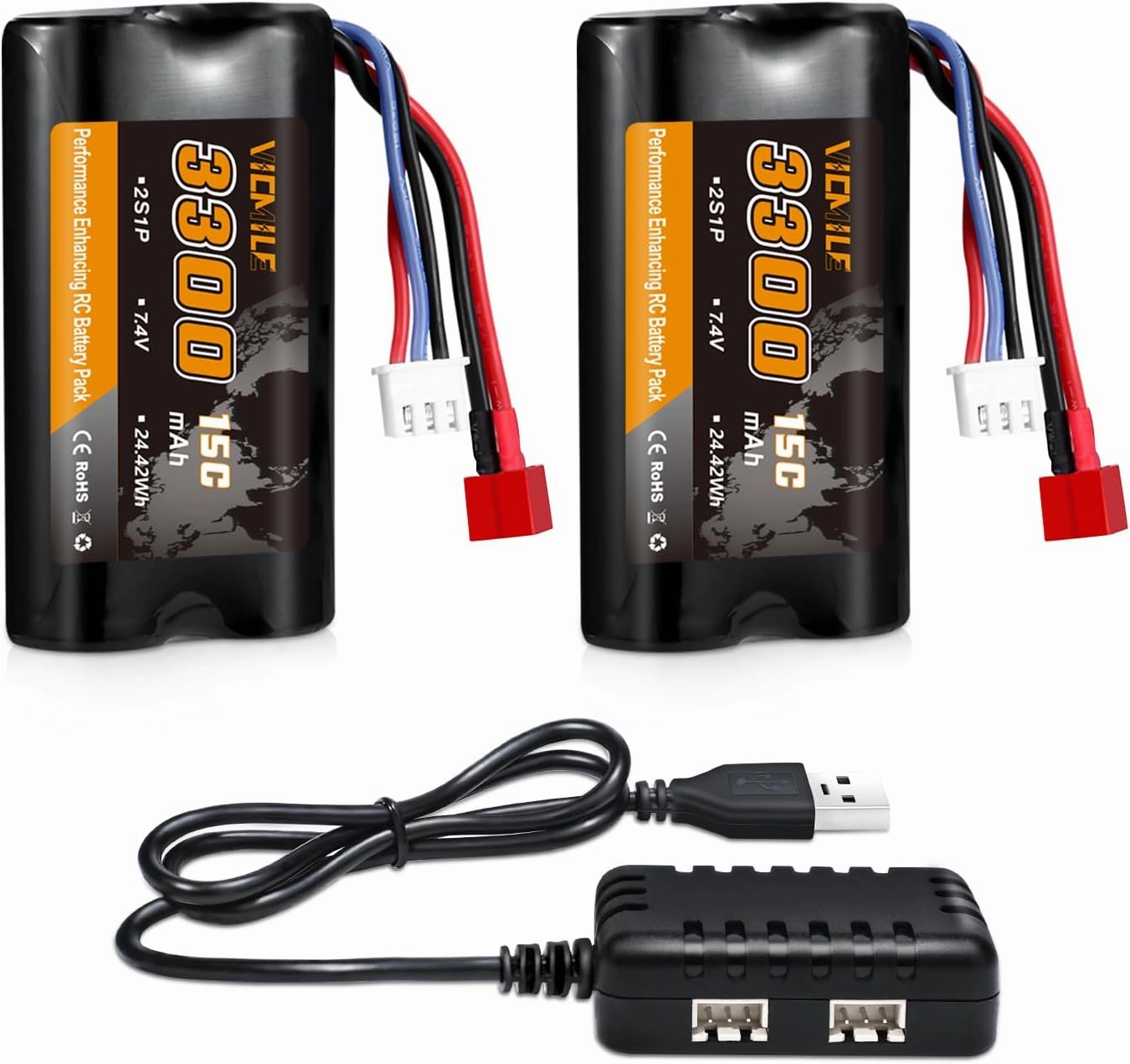 7.4V Li-ion Battery 3300mAh High Capacity RC Battery with Dean-Style T Plug 2S Rechargeable with 1 to 2 USB Charger Fit for WLtoys 4WD High Speed RC Cars Most 1/10, 1/12, 1/16 Truck