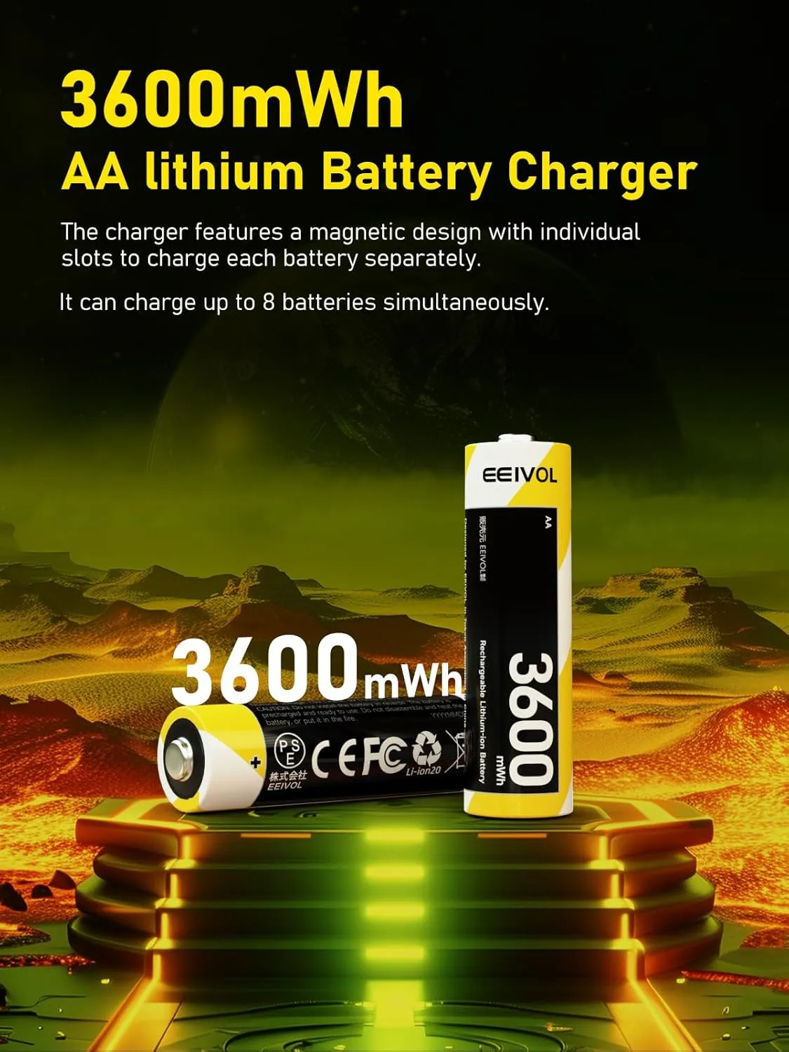 8 Pack Rechargeable AA Batteries & Fast Charger, 1.5V 3600mWh, Integrated Charging Box, 350mA, Long-Lasting Li-ion, Leak-Proof, IP67 Waterproof Design
