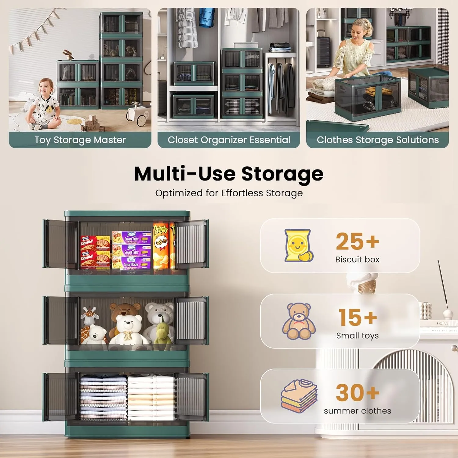 8.4Gal Collapsible Storage Bins with Lids & Wheels - 4 Pack Stackable with Doors, Heavy-Duty Plastic Containers for Home/Office, Green