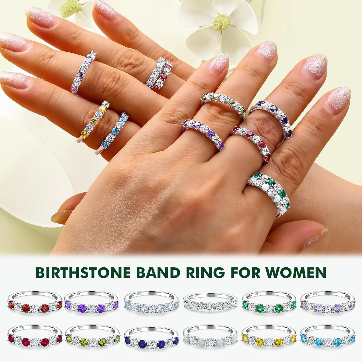 925 Sterling Silver Birthstone Rings for Women Created Gemstone Half Eternity Band 7 Stone Cubic Zirconia Wedding Band Birthstone Jewelry Size 6-10