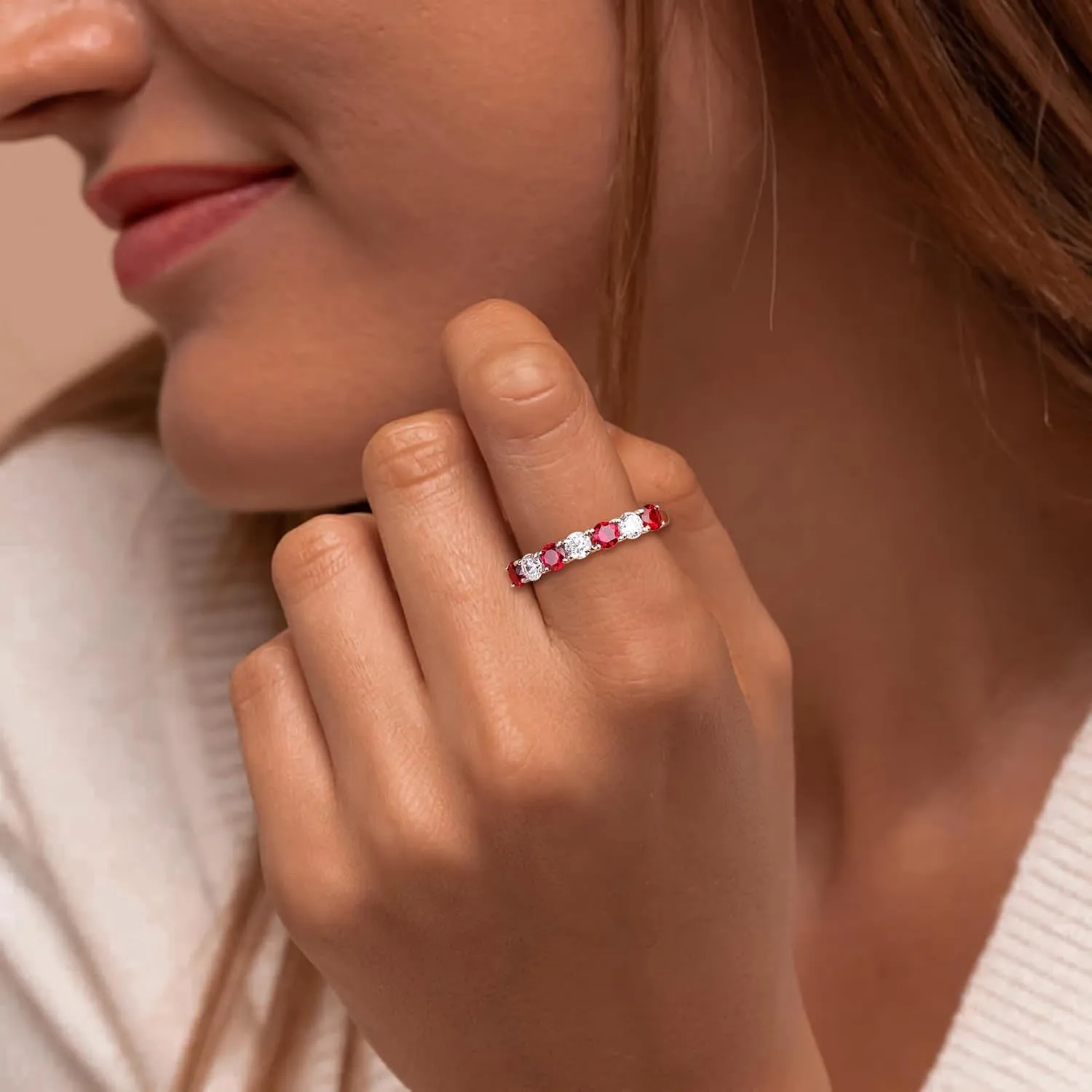 925 Sterling Silver Birthstone Rings for Women Created Gemstone Half Eternity Band 7 Stone Cubic Zirconia Wedding Band Birthstone Jewelry Size 6-10